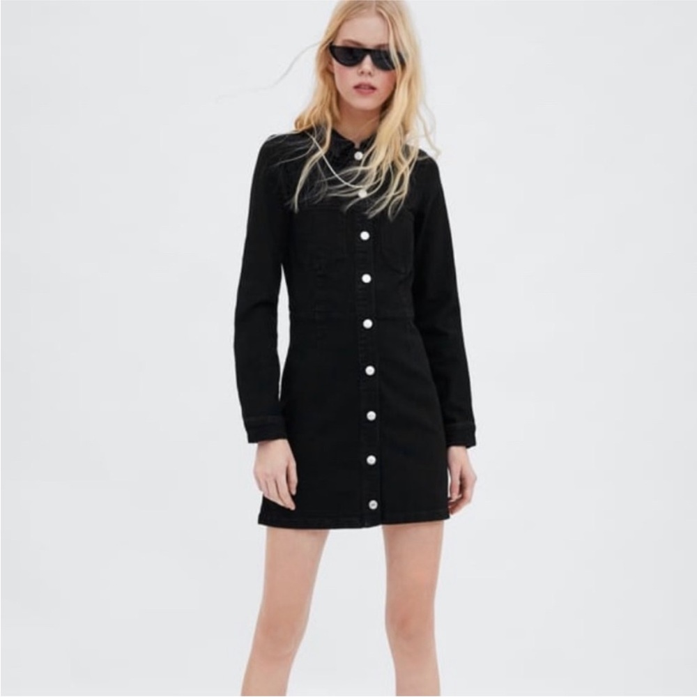 Zara Black Denim‎ Button Front Mini Dress XS NWT